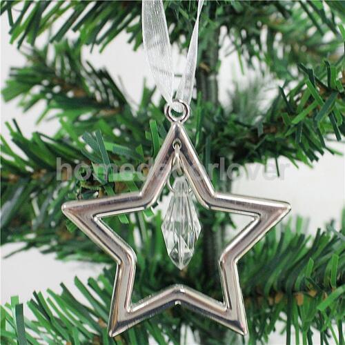 Christmas Tree Phone Ornaments Silver Alloy Crystal Star Hanging Decoration with Ribbon Xmas Home Tree Decor