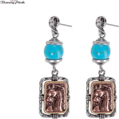 Banny Pink Vintage Stone Bead Rectangle Statement Stud Earrings For Women Cute Horse Pendant Post Earrings Retro Alloy Earrings