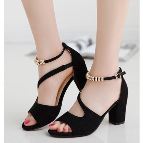 Spring summer sexy fish mouth hollow Roman sandals thick with word with beaded high heels female summer Sexy female sandals