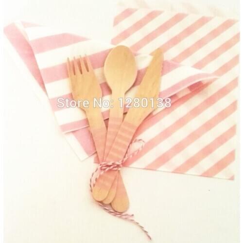 Table Setting Wooden Cutlery Silverware Bags-Pink Party Paper Napkins Favor Bags Wooden Fork Spoon Knife for Wedding Baby Shower
