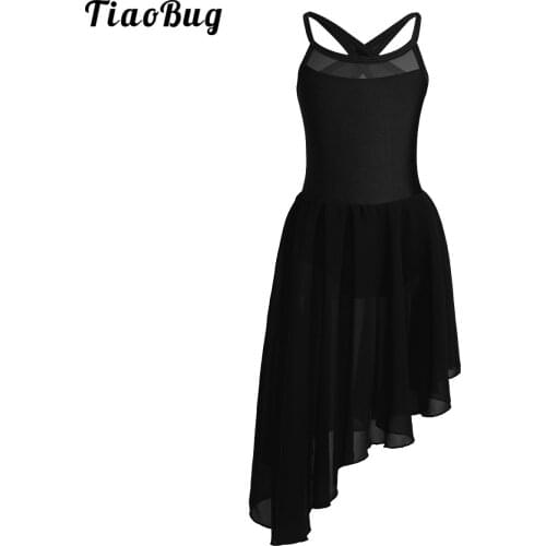 TiaoBug Kids Girls Mesh Splice Spaghetti Shoulder Straps Cutout Back Irregular Hem Ballet Dance Gymnastics Leotard Dress