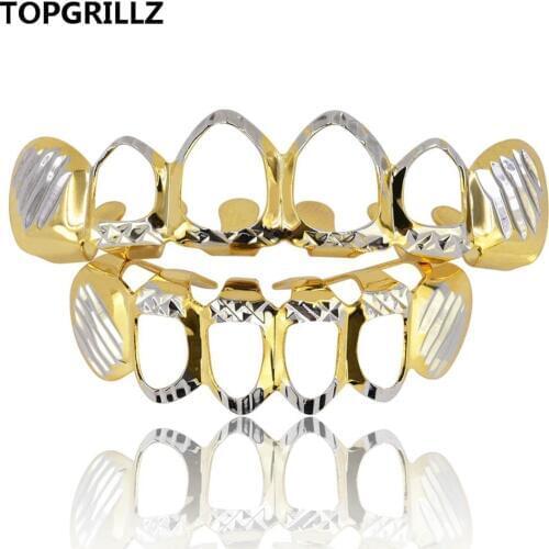TOPGRILLZ D-Cut Grillz Set Pure Gold Color Plated Top & Bottom Teeth 4 Open Hip Hop Grills Hollow Tooth Grill sets