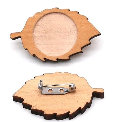 10pcs/lot Wood Leaf Fit 25mm Round Brooch Base Cabochon Blanks Trays rooch Stainless Steel Pins Cameo Cabochon Base Setting