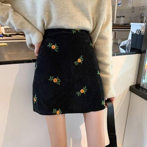 2021 Women Autumn Winter Vintage Corduroy Skirt Lady Slim Embroidery High Waist A-line Skirt Female Casual Loose Mini Falda G267