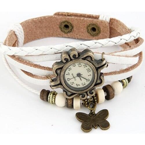 1pc Women Retro Bracelet Wrist Watch Weave Wrap Faux Leather Butterfly Beads Pendant Chain Simple Watch Gift Butterfly Watch