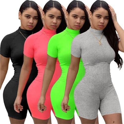 Casual Bodycon Playsuit Summer Solid Jumpsuits Womens Romper Short Sleeve Bodysuit Running Wear Biker Shorts Joggers Femme