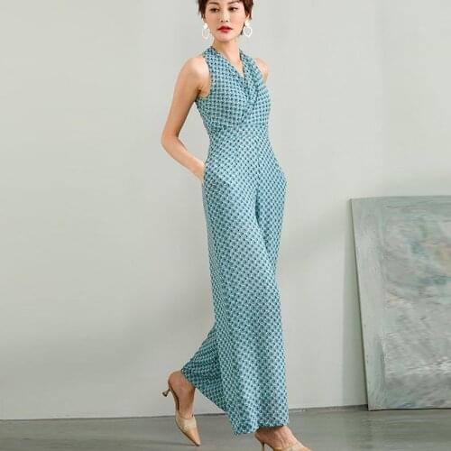 Jumpsuit Women Summer 2020 High Street Chiffon Elegant V-neck Wide Leg High Waist Blue Print Party Rompers Plus Size 3XL 4XL