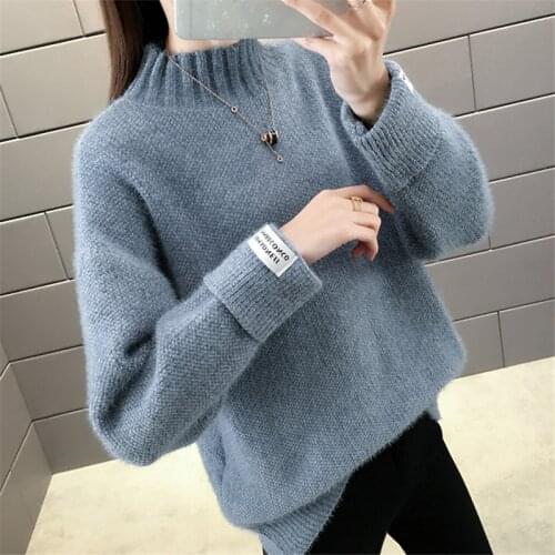 Mink Fleece Half High Collar Long Sleeve Knitted Sweater Women Pullover Autumn Korean Jumper Ladies Mock Neck Knit Tops Female