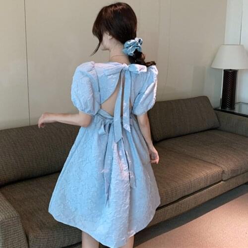 Square Collar Jacquard Summer Dress Women Puff Sleeve Backless Midi Dress Lace Up Party Dress Elegant Hollow Out White Dress