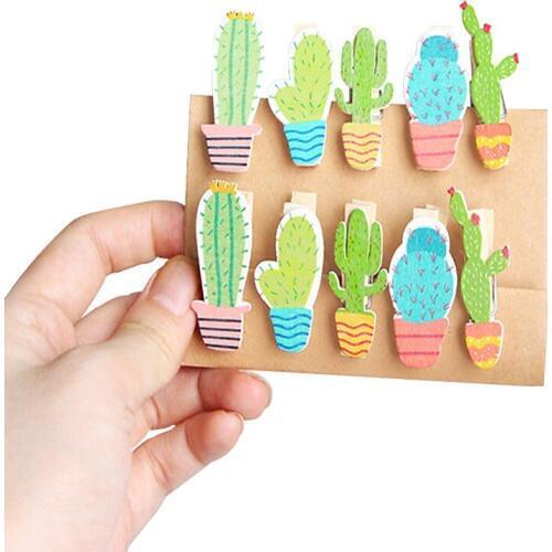 10packs/lot Lovely Cactus Mini Wooden Clips Bookmark Paper Clips School Office Supplies Craft DIY Clips with Hemp Rope