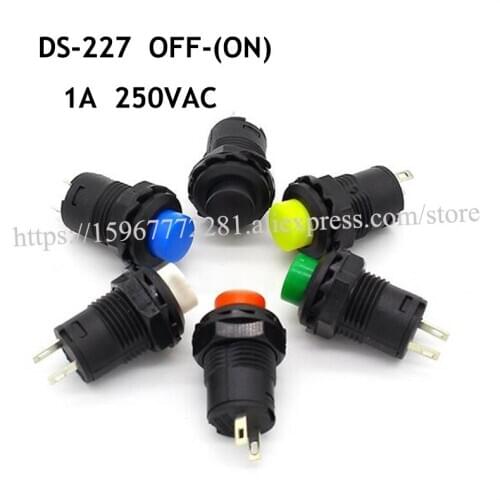 100pcs Mini Push Button Switch DS-227 OFF-(ON) 1A250VAC 12.5mm Slef-Locking Rocker Switch Red Yellow Blue Green Black White