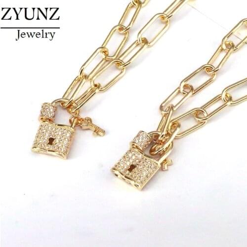 3PCS, CZ Micro Pave Lock Key pendants necklace jewelry crystal pendants fashion rolo chain necklace