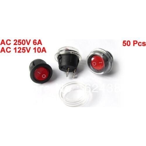 50 Pcs Red Signal ON/OFF 2 Positions SPST Round Boat Rocker Switch 6A/250V 10A/125V AC + Waterproof Cover
