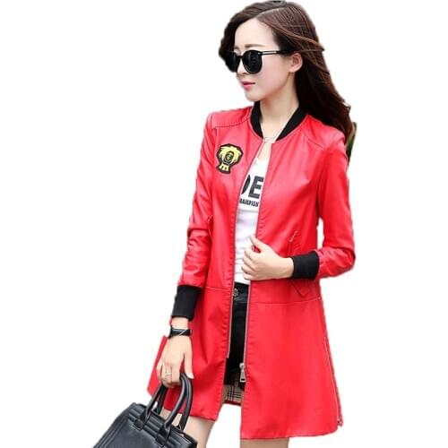 Sheepskin Baseball Coat Faux New Red Jacket Women Medium Long Black Leather Jackets Womens Coats WUJ1202