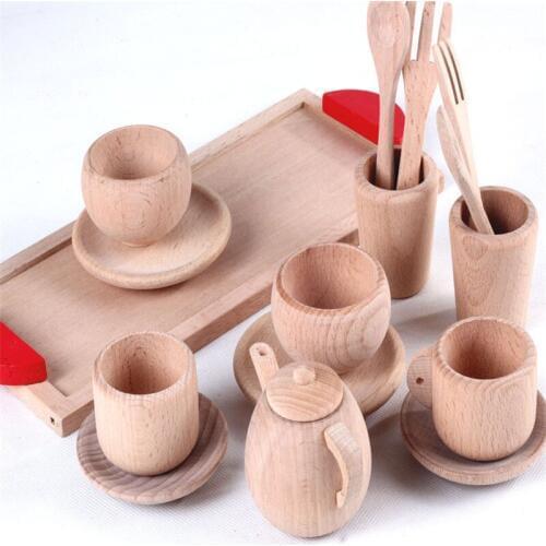 Wooden Cutlery Pretend Play Tea Set Wooden Educational Activity Montessori Toddler Game Educational Baby Inspired Kitchen Toys