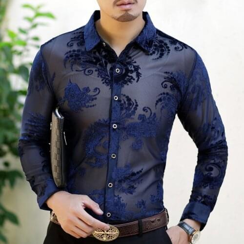 Elegant Paisley Transparent Night Club Shirt Men 2021 Longsleeve Vintage Chemise Homme Plus Size Dress Fashion Sexy Party Shirt
