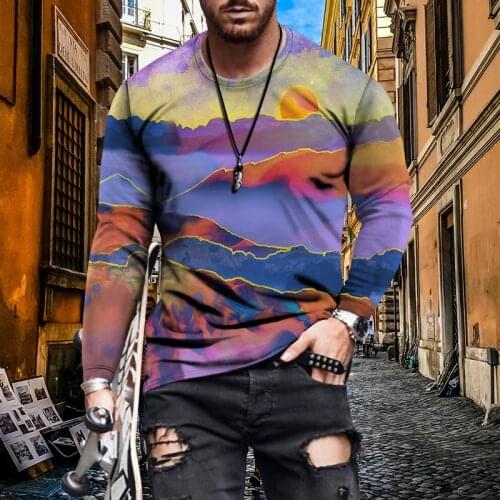 T-shirt mens autumn landscape printing O-neck T-shirt long-sleeved thin casual bottoming top mens top oversized T-shirt