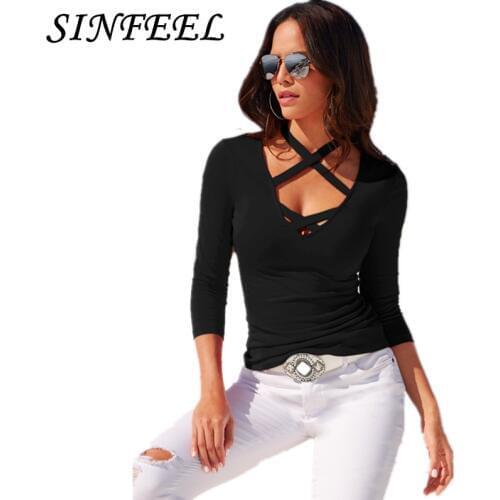 SINFEEL Womens T-shirt Summer Plus Size Tee Basic Shirts Women Sexy Halter V Neck Long Sleeve Casual Big Size Female Tops Femme