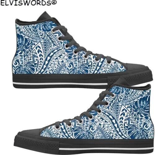 ELVISWORDS Monstera Polynesian Tribal Mix Prints Classic Ladies Canvas Shoes Breathable High Top Walking Shoes for Women 2020