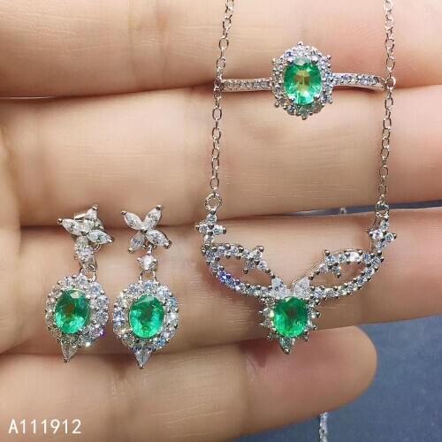 KJJEAXCMY fine jewelry natural Emerald 925 sterling silver women pendant necklace chain earrings ring set support test fashion
