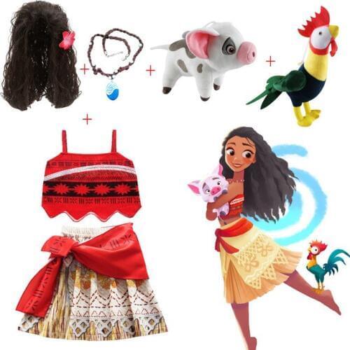 Summer Moana Girls Dress with Necklace Pig chick Kids Adventure Outfit Children Princess Party Cosplay Costume Vaiana swimsuit