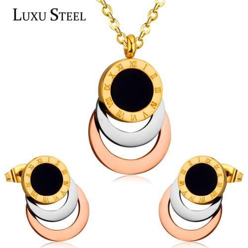LUXUSTEEL Women Accessories Consist Round Pendant Roman Number With Black Shell Jewelry Sets Bijoux collar Choker Necklaces 2020