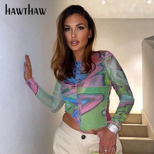 Hawthaw Women Fashion Autumn Long Sleeve Patchwork Printed Slim T Shirt Crop Tops 2021 Fall Clothes Wholesale Items Dropshipping