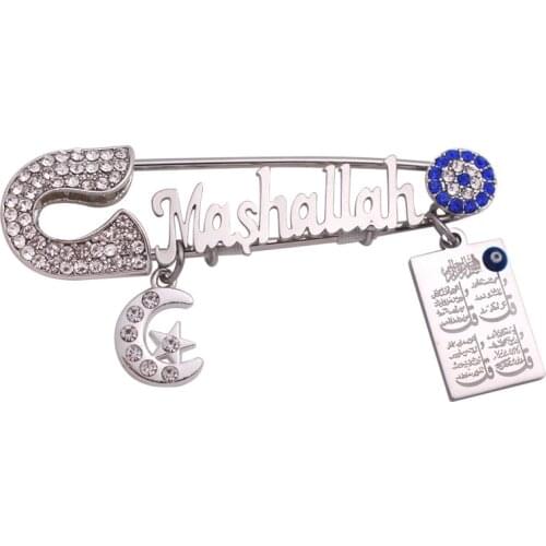 Muslim Persian Crescent Moon Star Amulet four Qul suras Mashallah Turkish evil eye Stainless Steel brooch Baby Pin