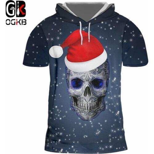 OGKB New Man Hooded Tshirt 3D Printed Mens Christmas Cap And Skull T shirt Creative Snowflake Pattern 5XL 6XL