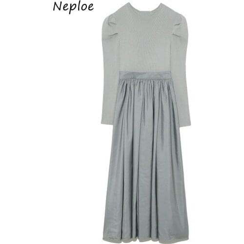 Neploe 2021 Japan Style High Waist Big Swing Dresses Puff Sleeve Knit Patchwork Women Dress Spring New Elegant O Neck Vestidos