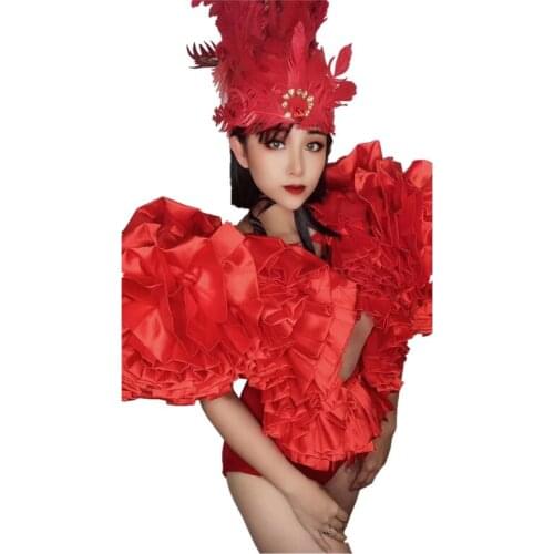 New Style Red Velvet Hollow Jazz Bodysuit Birthday Prom Feather Headdress Outfit Evening Women Hiphop Dancer Show Outfit