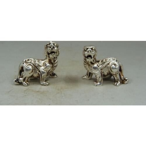 One pair Old Handwork Tibet Silver Carving Exorcism Unicorn Statue