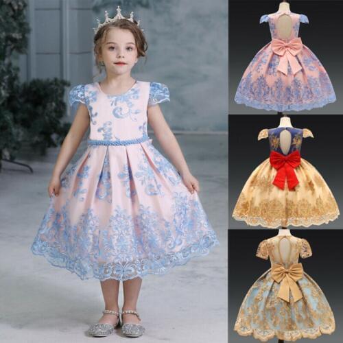 3-8Y Girl Dress Bow Princess Flower Kids Baby Dress Ruffles Sleeve Tutu Lace Dresses Party Birthday Gown