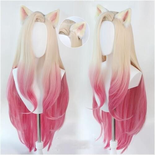 Game LOL KDA Baddest Ahri Cosplay Wig Long Blonde Mixed Pink With Ears Heat Resistant Synthetic Hair Wig + Wig Cap