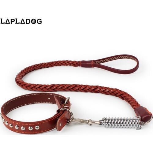 Genuine Leather Pet Dog Leash Real leather Training Lead For Medium Dogs Collar Rope Set Pet Supplies Rivet Dog Products ZL365