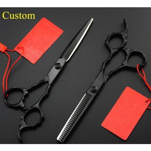 Custom professional japan 440c steel Retro Black 6 inch hair scissors cutting barber salon thinning shears hairdressing scissors