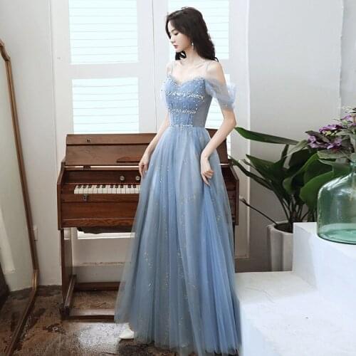 Sexy Blue Spaghetti Strap Backless Evening Dresses Exquisite Sequined Sleeveless Sparkle Party Gowns Vestido De Festa