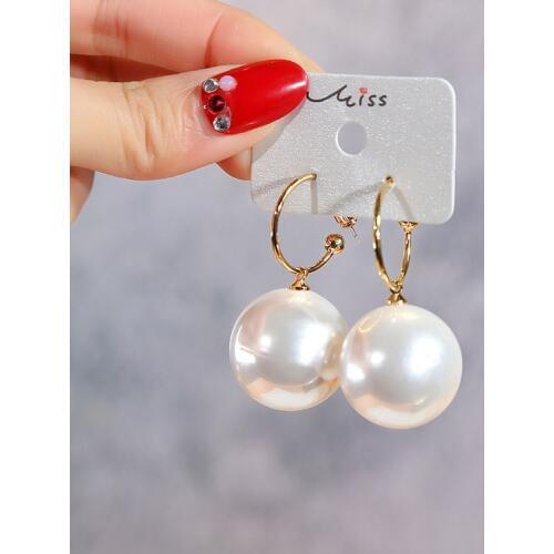 Real Sterling Needle Hoop Earrings for Women Jewelry Red Gold White Large Round Pearl Female Earrings Wedding Bijoux