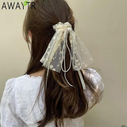 Wave Point Mesh Bow Hair Bands Ribbon Scrunchies for Women Girls Long Elastic Hair Tie Ponytail Holder Female Hair Accessories