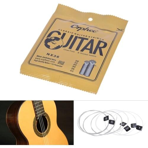 Orphee NX36 6pcs Classical Guitar Strings Full Set Replacement (.028-.043) String Nylon Core Silver Jacketed Wire Normal Tension