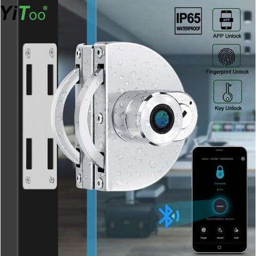 YiToo Stainless Steel Smart Fingerprint Glass Door Lock Built in Rechargeable Battery Bluetooth APP No Drill Outdoor Waterproof