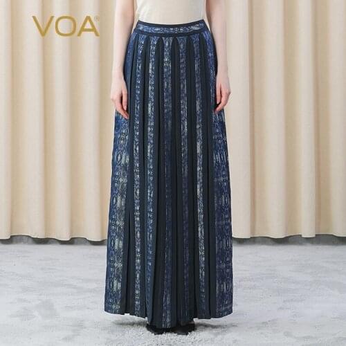 VOA Navy Blue 30m/m 100% Mulberry Silk Yarn-dyed Jacquard Classical Stitching Long Skirts for Women CE66 Gothic Skirts Womens