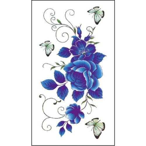 Waterproof Temporary Tattoo Sticker 3d blue roseflower butterfly tattoo Water Transfer flash tatoo fake tattoo for men women