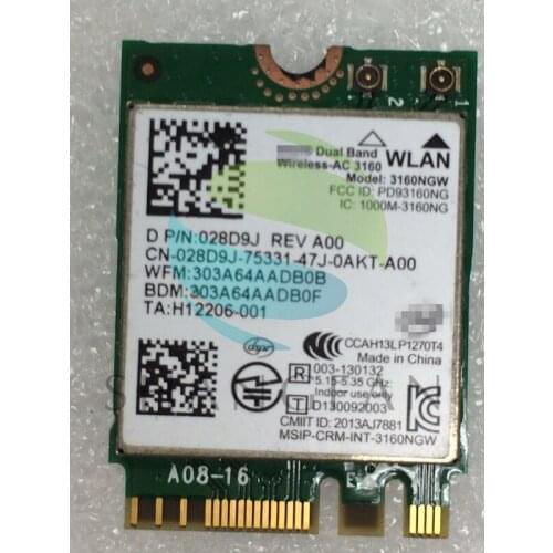 WIFI card for intel Dual Band Wireless-AC 3160NGW 3160AC 3160NGWAC 433Mbps+BT4.0 NGFF Wireless WLAN Card D/PN:028D9J