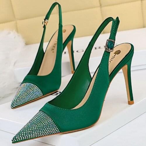 New Women Crystal 9.5cm High Heels Sandals Wedding Green Stripper Cap Toe Stiletto Heels Slingback Sandles Satin Silk Red Shoes