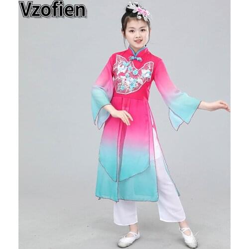 Chinese Style Girls Classical Yangko Dance Costume Fan Dance Elegant National Hanfu Clothing Umbrella Dance Performance Costume