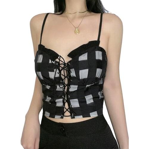 Sexy Hollow Cross Camisole Womens Spaghetti Sleeveless Sleeveless Backless Navel Short Vest Slim Fit Wrapped Check Print Top /F