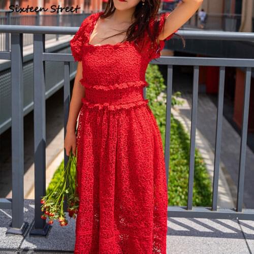 Red Lace Maxi Dress Woman High Waisted Short-sleeve Bodycon Dress Female Square Neck Hollow Out Runway Long Party Dresses Lady