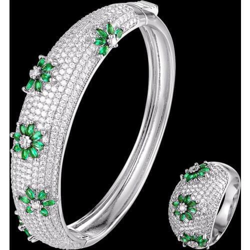 Zlxgirl copper bangle sets Classic Full Green and clear cubic zircon flower Bangle &Ring wedding Jewelry Love Bangle