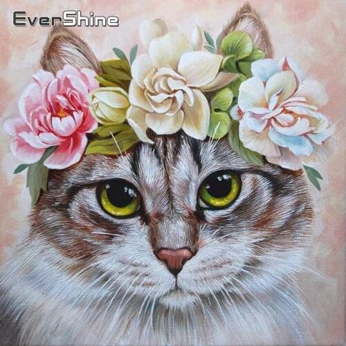 EverShine 5D Diamond Painting Cat Picture Mosaic Rhinestones Flowers Full Drill Square Diamond Embroidery Animal Home Decor